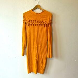 Mustard mock neck knit body con long sleeve sweater dress mini cutout XL